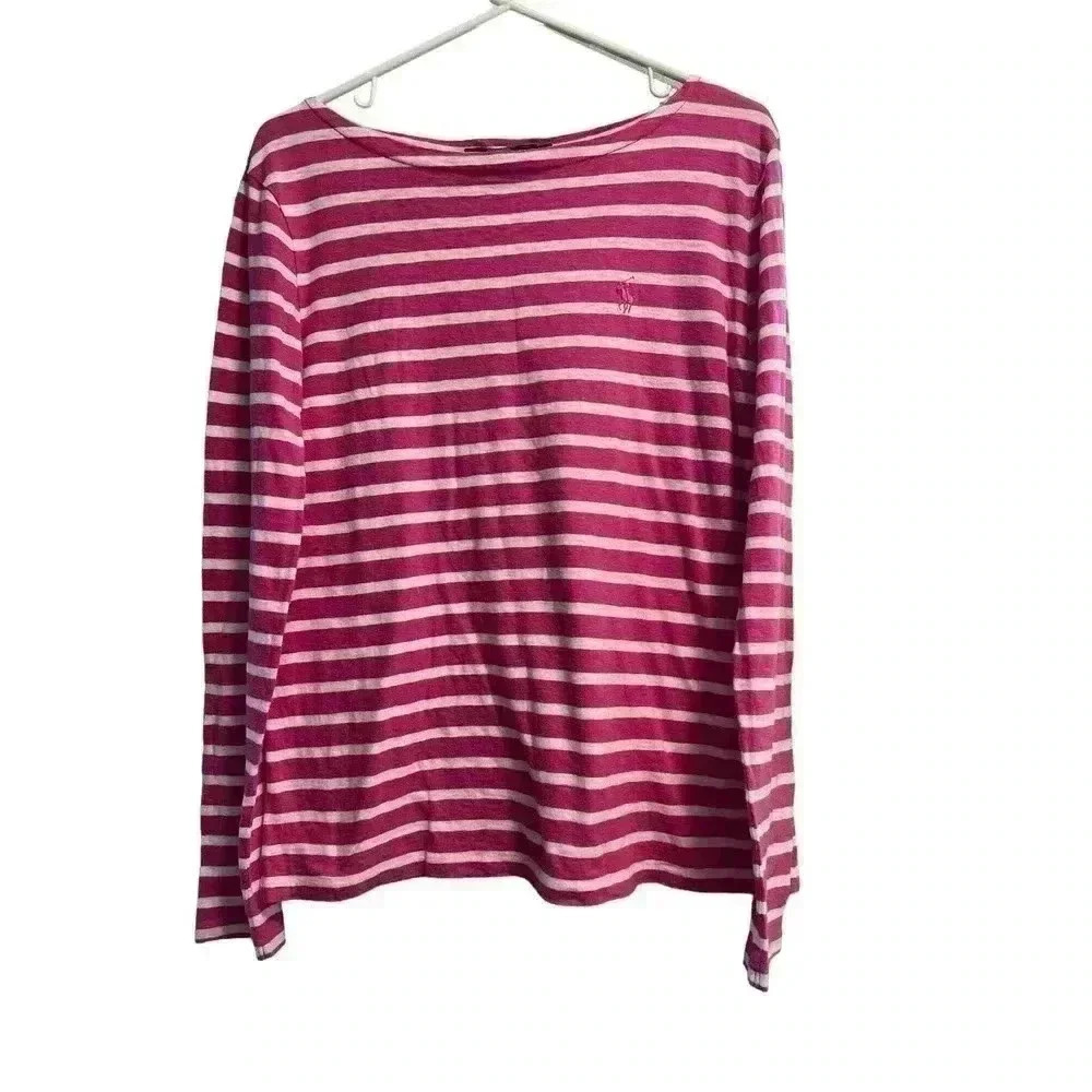 Ralph Lauren Sport Long Sleeve Crew Neck Blouse Pink White Size Medium